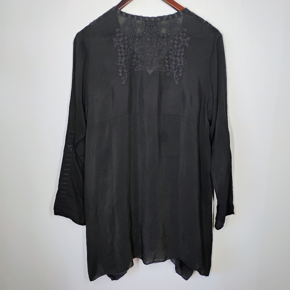 Johnny Was Rona Tunic Womens Small Black Sheer Embroidered Shark Bite Hem Boho - Picture 5 of 13